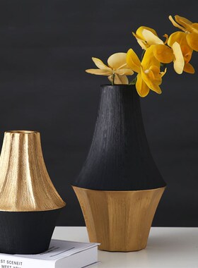 新中式黑金色轻奢陶瓷花瓶摆件花器插花样板间客厅桌面高档摆设