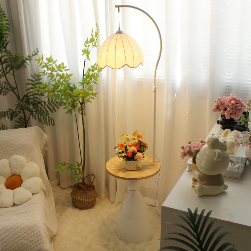 法式奶油茶几落地灯客厅卧室沙发边几中古风置物架床头柜台灯一体 - 图2