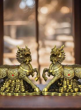 精工纯黄铜一对财福飞天带翅膀中式家居镇宅瑞兽摆件