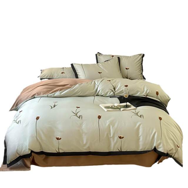 French light luxury style silk cotton four-piece set ice silk cool bed sheets and quilt cover spring and summer naked sleeping bedding products
