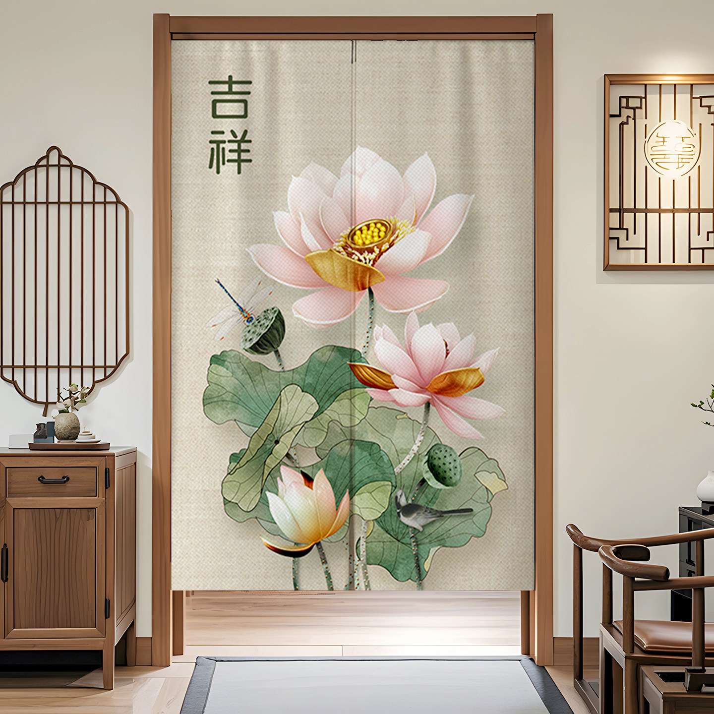 中式荷花门帘布帘卧室厕所门对门化解挂帘大门厨房卫生间隔断半帘,淘宝优惠券,粉丝福利购,淘宝优惠卷