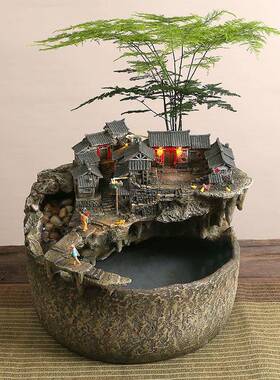 复古怀旧流水摆循环水鱼缸创意厅书房茶桌茶几件装摆客83459653设