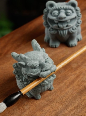青砂造像衔笔狮麒麟毛笔笔架书法笔搁镇纸文房四宝摆件