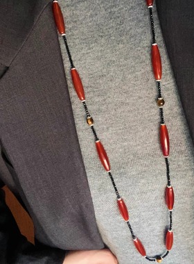 新年红玛瑙黑玛瑙串珠长款项链小众简约虎眼石多种戴法毛衣链颈链