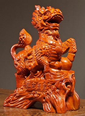 花梨木雕麒麟摆件实木瑞兽一对家居客厅电视柜办公装l饰送礼工艺