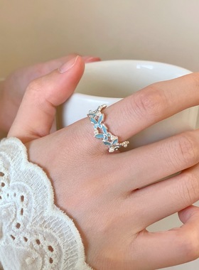 指畔生花~蓝色滴釉蕾丝花边叠戴戒指女小众设计开口可调节食指戒