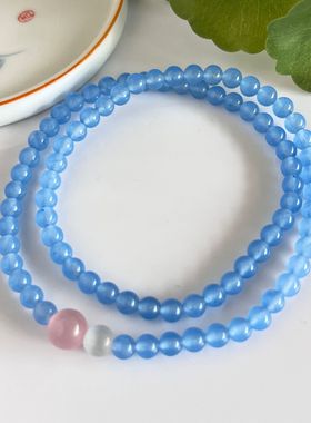 新中式国风双圈玉手链女士新款海蓝宝色石英岩玉配猫眼石双圈