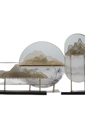 新中式创意亚克力l金属鸟笼艺术品山水摆件酒店客厅书房玄关装饰