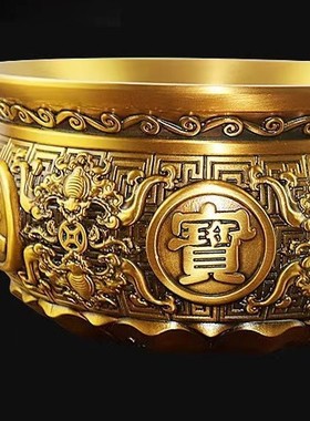 2025新款黄铜聚宝盆香炉工艺品百福铜狮头摆件内含吉祥财气