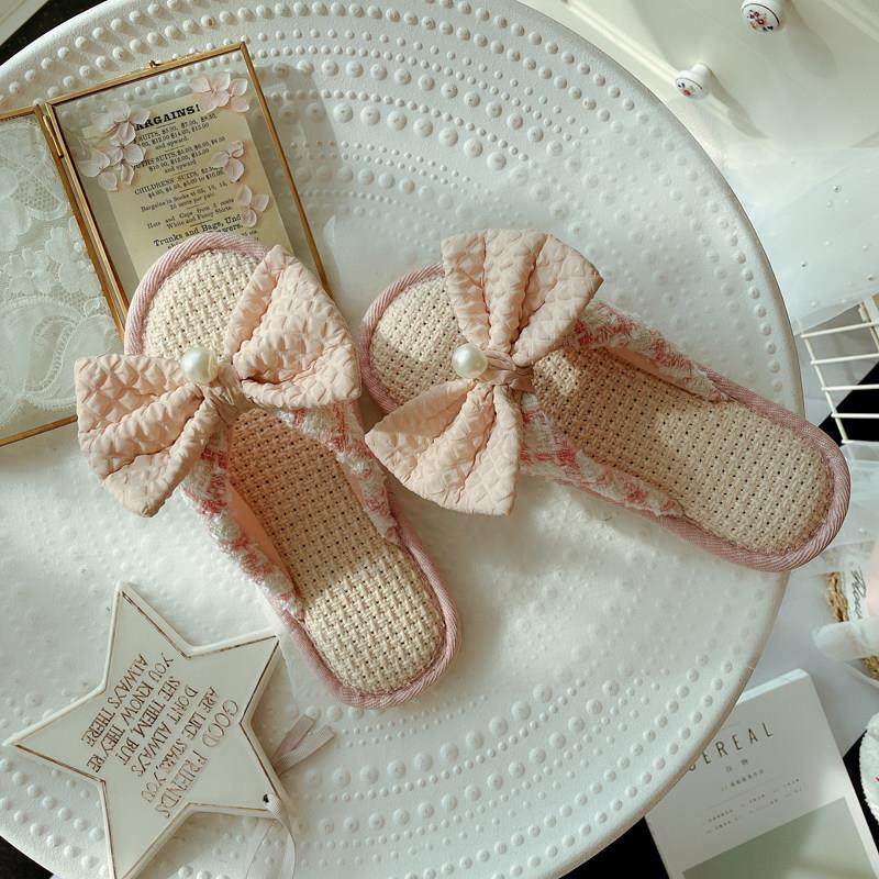 小香风复古褶皱蝴蝶结亚麻家居凉拖鞋女士春夏季室内防滑居家鞋女,淘宝优惠券,粉丝福利购,淘宝优惠卷