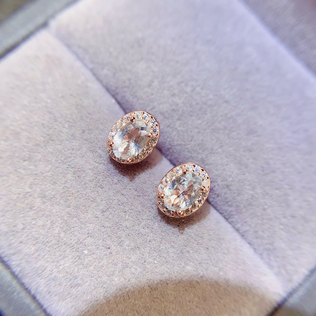 【地大珠宝】天然海蓝宝耳钉女18k金镶耳环火彩十足浪漫樱花粉4*6,淘宝优惠券,粉丝福利购,淘宝优惠卷