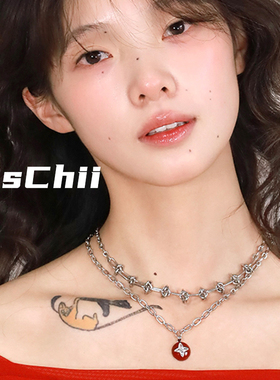双层叠戴项链韩式十字星红色精致锁骨链饰品女高级感气质轻奢