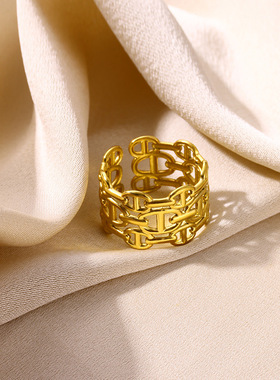 跨境复古风仿珍珠戒指不掉色女小众高级轻奢不锈钢珠宝开口戒指