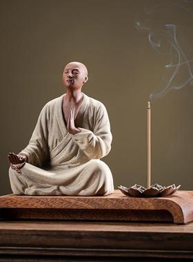 中式禅意紫砂小和尚摆件家用室内佛系装饰工艺品茶室桌面陶瓷茶宠