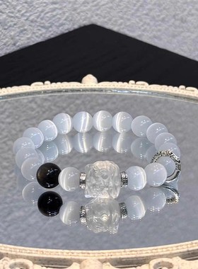 2025新中式情侣手串男醒狮少年银曜石暗黑风白猫眼水晶手链女异地