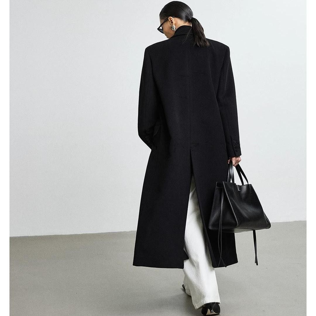 黑色双面羊绒外套女2025秋冬极简风经典长款西装羊毛毛呢正肩大衣,淘宝优惠券,粉丝福利购,淘宝优惠卷