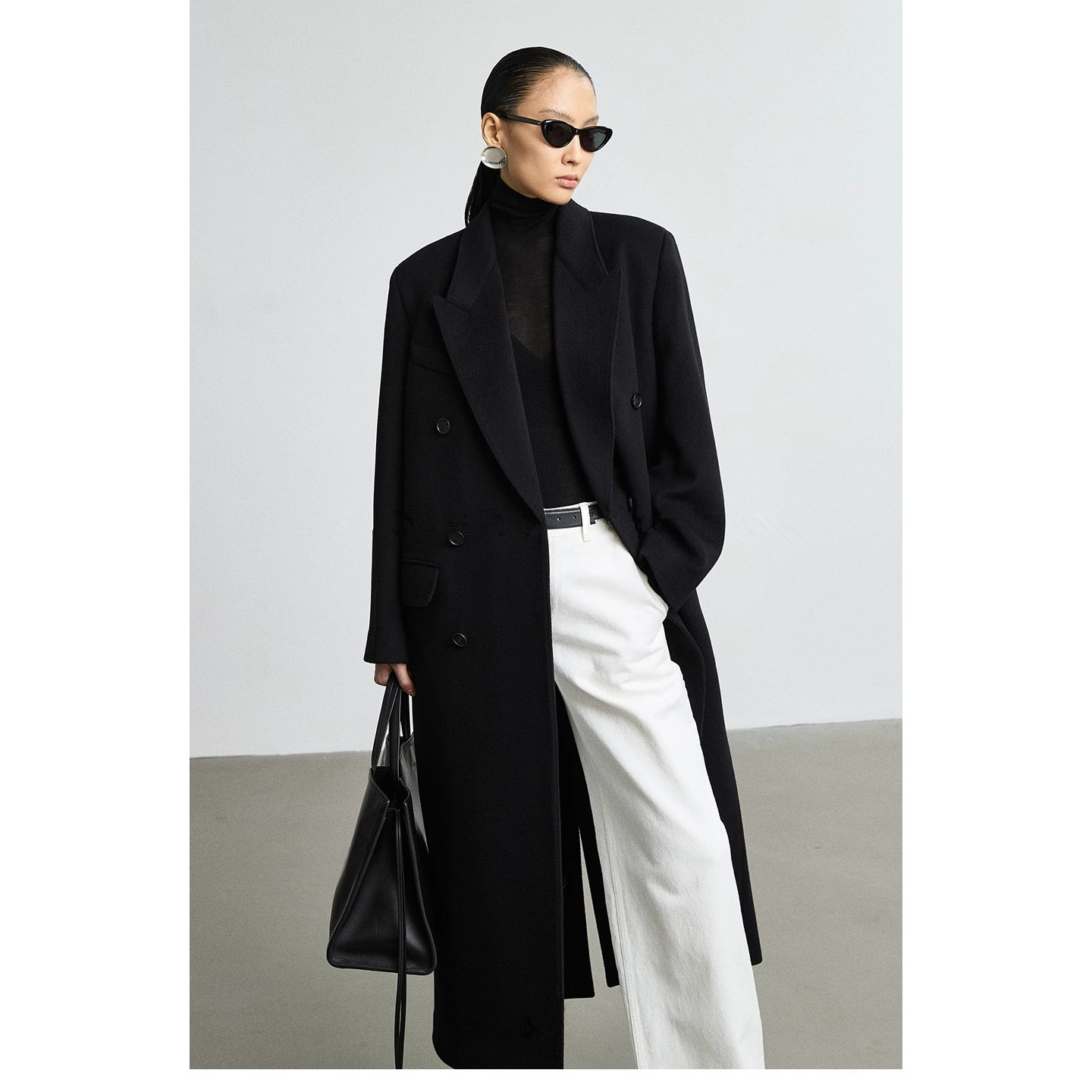 黑色双面羊绒外套女2025秋冬极简风经典长款西装羊毛毛呢正肩大衣,淘宝优惠券,粉丝福利购,淘宝优惠卷