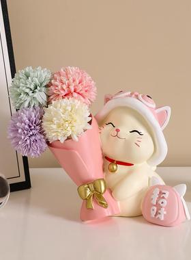新年装饰摆件捧花招财猫玄关轻奢高档家居客厅电视柜桌面过年氛围