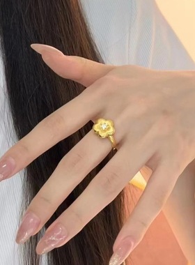 2025新款中古风S925纯银镶钻拉丝小金花戒指高级轻奢女士闭口设计