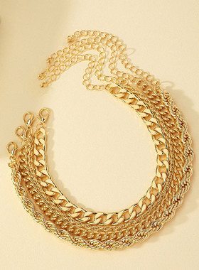 欧美跨境新款金属4件套装手链个性复古麻花链古巴链叠戴手链批发