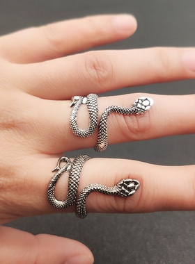 新款跨境复古镀银电镀灵蛇戒指男女通用开口合金蛇形指环朋克