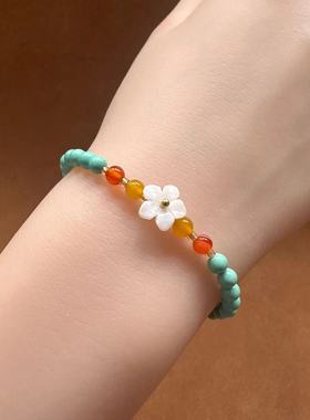 天然绿松石手串单圈高级感蜜蜡貔貅手链女士轻奢小众古风饰品