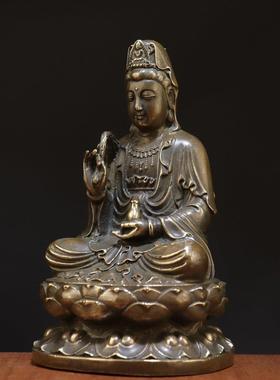 纯铜观音菩萨坐莲观音净瓶柳枝 黄铜南海观世音普度众生佛像供奉