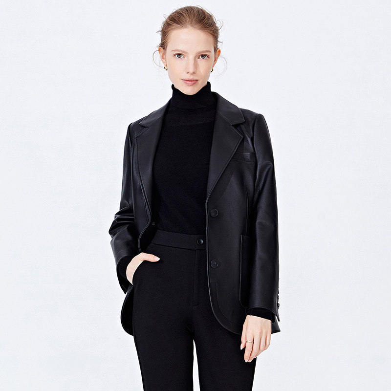 Navigare意大利小帆船真皮皮衣女秋季平驳领西装外套时尚高档上衣,淘宝优惠券,粉丝福利购,淘宝优惠卷