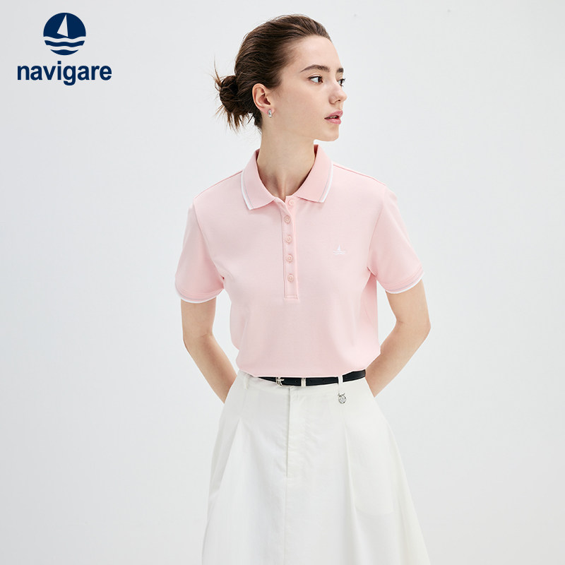Navigare意大利小帆船粉色冰丝短袖Polo衫女2026夏季新款翻领T恤