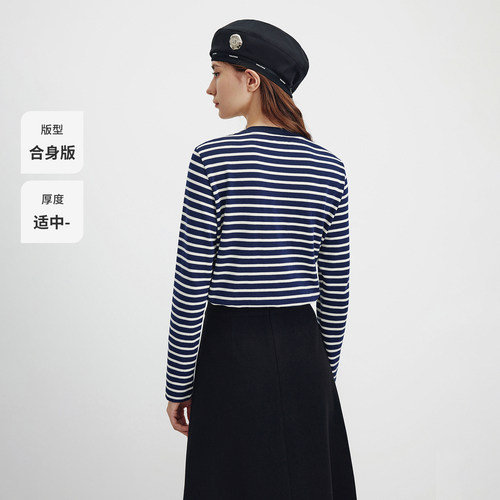 Navigare小帆船春季新款休闲圆领长袖T恤女士纯棉正肩条纹体恤衫 - 图3