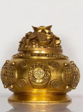 纯黄铜带盖开盖聚宝盆摆件五路财神聚宝盆大小号家居礼品风水装饰