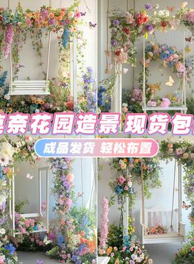 造景彷真花莫奈花园瀑布壁挂橱窗场景布置网红打卡花墙彷真花装饰