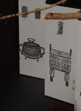 中国传统东方美学海军蓝铜双面桌面小屏幕彷古书画背景摆件