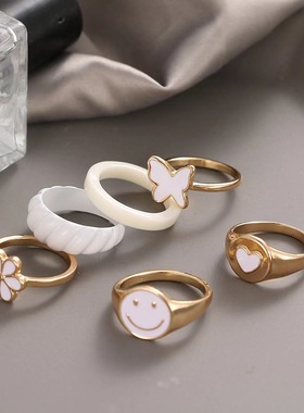 欧美跨境个性时尚可爱复古卡通白色桃心蝴蝶笑脸戒指6件套关节套