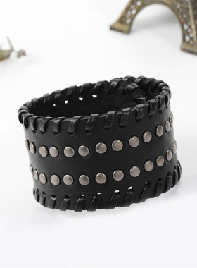 跨境欧美手链新款时尚简约复古朋克风宽皮男士皮革手链