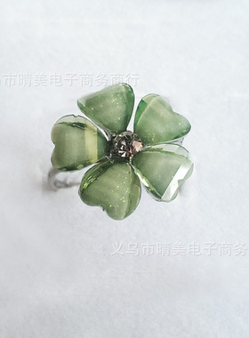 新款彩色镶钻戒指 亚克力透明水晶花指环 混色多款花朵戒指