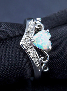 wish热卖 爱心形澳宝镶钻戒指时尚宝石桃心戒指 流行饰品厂家