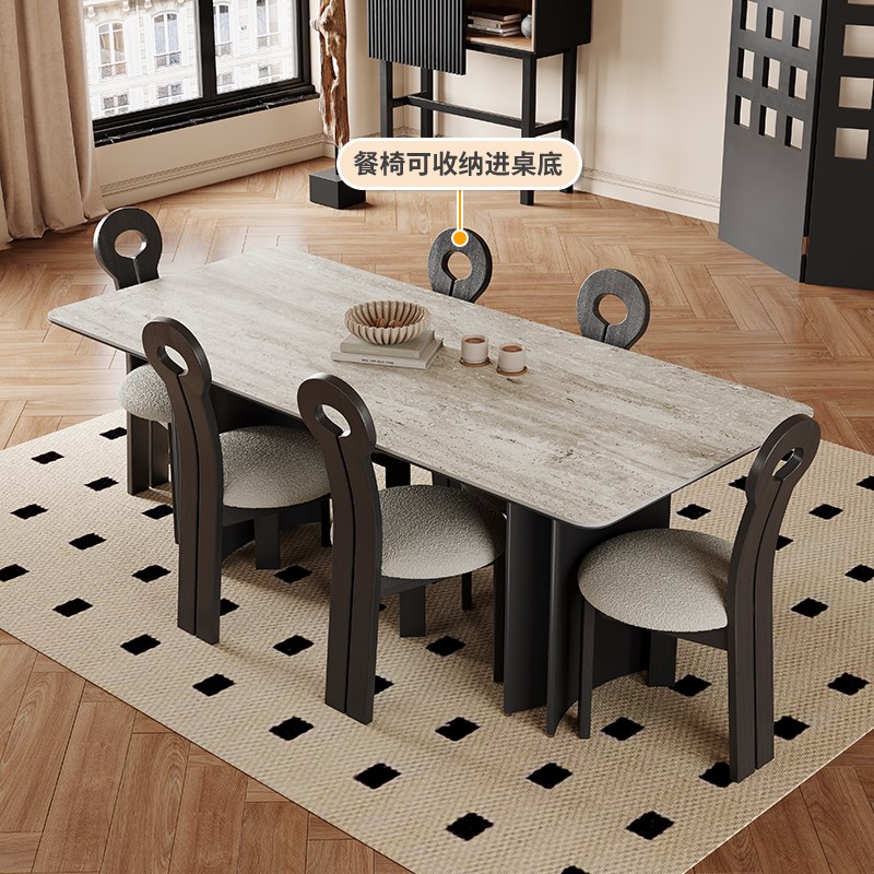 黑色实木餐桌法式复古风家用小户型现代简约高端长X方形岩板餐桌 - 图0