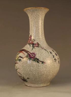 景德镇彷古陶瓷器粉彩花鸟赏瓶裂纹花瓶三月牡丹瓶家居装饰摆件