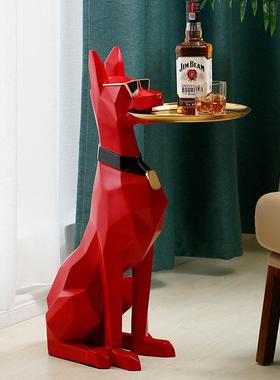 北欧轻奢客厅大型落地摆件创意杜宾犬软装饰品沙发旁收纳托盘摆设