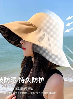 大帽檐黑胶遮阳防晒帽鱼夫女帽渔夫帽防紫外线大头围适合大脸圆脸