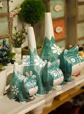 木质小猫咪一家摆件手绘卡通可爱北欧动物家居客厅装饰品摆设森系