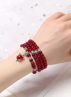 酒红多圈多层狐狸貔貅石榴石手链 女石榴石时尚手串手链