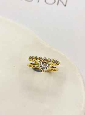 跨境新款热销爱心形戒指镶嵌锆石双层女戒开口可调创意时尚指环