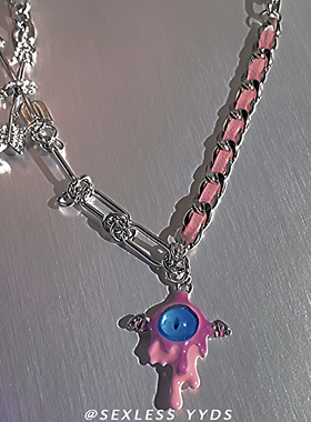 甜酷小怪兽粉色金属链条项链