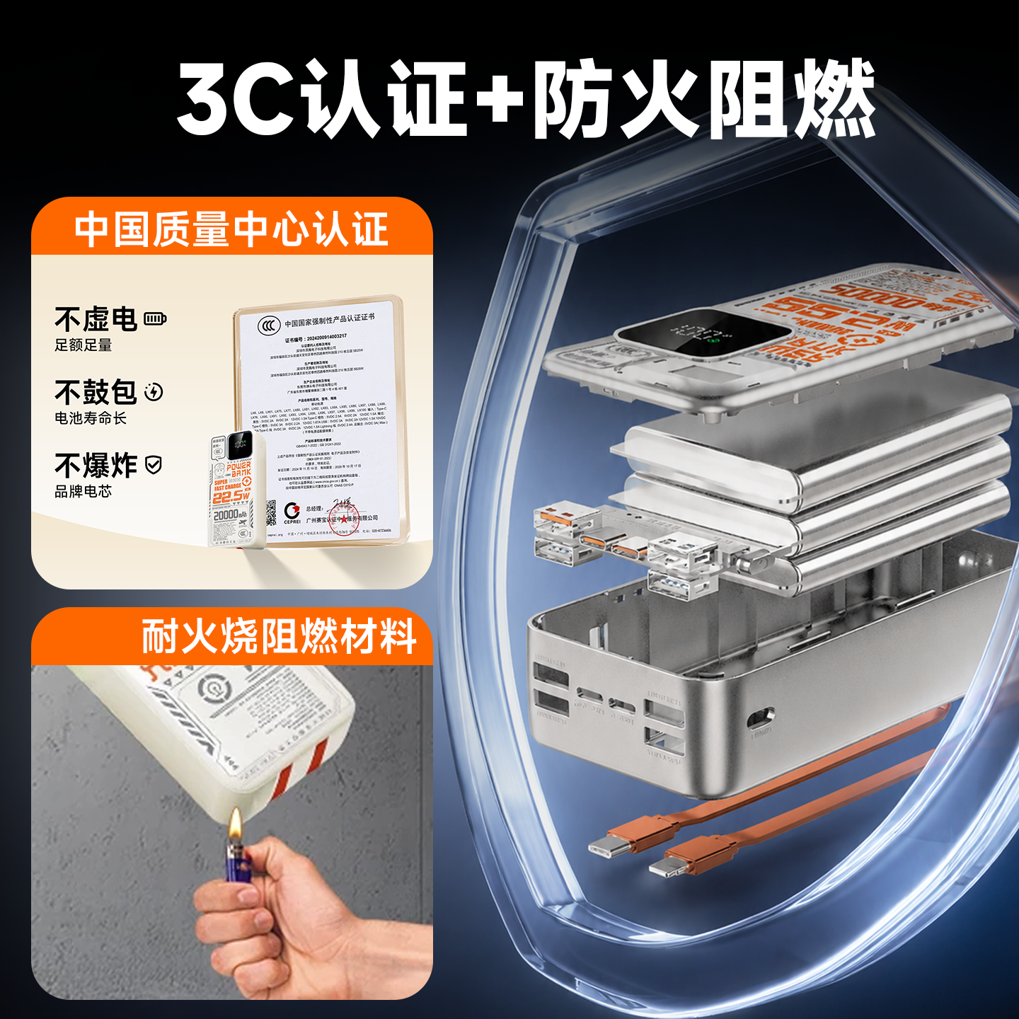 【新国标3C认证】二伯充电宝大容量自带双线多口快充充电宝可上飞机品牌认证正品50000毫安住宿户外骑手专用