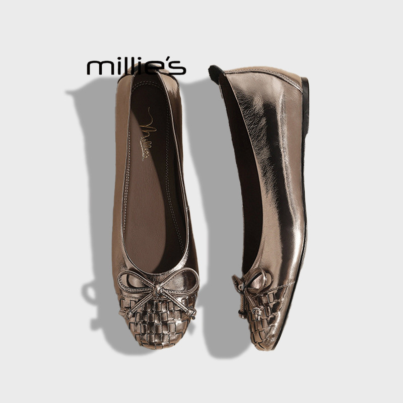 MILLIE'S/妙丽真皮编织复古气质通勤浅口船鞋芭蕾舞平底单鞋女,淘宝优惠券,粉丝福利购,淘宝优惠卷