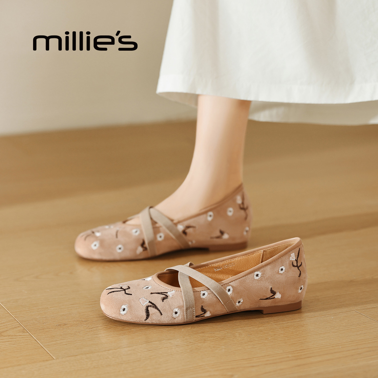 MILLIE'S/妙丽2026春季法式刺绣玛丽珍鞋女平底交叉带软底芭蕾鞋Z,淘宝优惠券,粉丝福利购,淘宝优惠卷