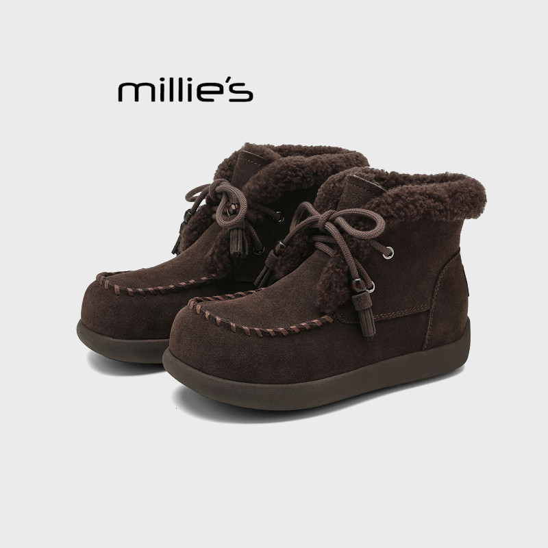 MILLIE'S/妙丽秋冬季加绒加厚保暖系带百搭流苏羊羔毛复古雪地靴Z,淘宝优惠券,粉丝福利购,淘宝优惠卷