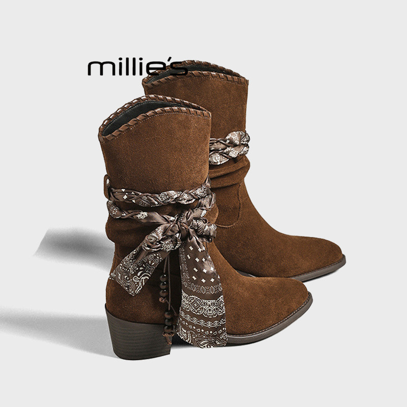 MILLIE'S/妙丽棕色麂皮堆堆靴女丝巾绑带西部风中筒靴不累脚短靴Z,淘宝优惠券,粉丝福利购,淘宝优惠卷